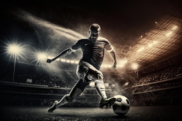 Jugador de fútbol pateando una pelota en un estadio | Foto Premium