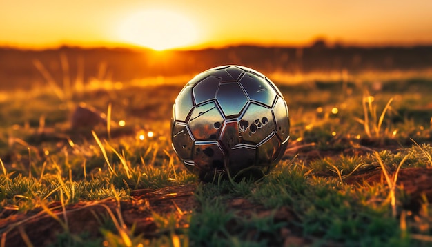 Una pelota de fútbol se sienta en el campo durante una puesta de sol | Foto  Premium