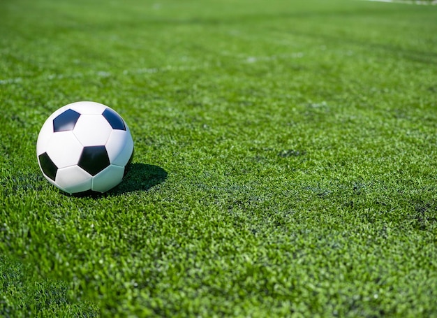 緑の芝生のフィールド上のサッカー ボール | プレミアム写真